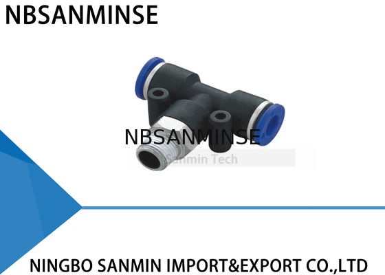 PT Plastik Laki-laki Cabang Tee Fitting Pneumatic Push Di Mesin Aksesoris Konektor Sanmin